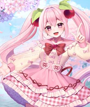 1girl alternate_costume blurry blurry_background blush bow bowtie breasts cherry_blossoms cherry_hair_ornament cloud cloudy_sky commentary_request dress earrings ewokaku335 falling_petals flower food-themed_hair_ornament frilled_dress frills hair_between_eyes hair_ornament hatsune_miku highres jewelry layered_skirt long_hair long_sleeves looking_at_viewer medium_breasts open_mouth petals pink_bow pink_eyes pink_flower pink_hair pink_petals pink_shirt pink_skirt plaid_clothes plaid_skirt red_bow red_bowtie sakura_miku shirt skirt sky smile solo vocaloid watermark