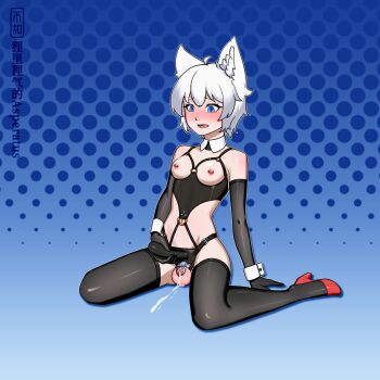 1boy ahoge animal_ears arm_support aroused artist_name belt_buckle black_gloves black_thighhighs blue_background blue_eyes blue_polka_dots blue_pupils blush bob_cut bondage_outfit buckle chastity_cage chastity_cage_strap chinese_commentary collarbone commentary_request cum cum_on_body cum_on_floor cum_on_testicles detached_collar dildo elbow_gloves embarrassed eyelashes full-face_blush full_body gloves gradient_background hair_between_eyes hand_on_ground harness high_heels highres holding holding_sex_toy looking_down lower_teeth_only nipple_bar nipple_piercing nose nub_chastity_cage o-ring o-ring_harness on_floor open_mouth original piercing polka_dot polka_dot_background raised_inner_eyebrows red_shoes revealing_chastity_cage revealing_clothes sex_toy shengshouqlw shoes short_hair shoulder_blush sitting skinny small_chastity_cage solo strap-on tearing_up teeth testicles thighhighs topless_male trap underbust wariza white_hair wolf_ears wrist_cuffs