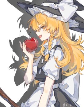 1girl :d apple apron artist_name back_bow black_skirt black_vest blonde_hair bow braid chinese_commentary commentary cowboy_shot food from_side fruit hair_bow hat hat_bow highres holding holding_food holding_fruit kirisame_marisa long_hair looking_at_viewer open_mouth puffy_short_sleeves puffy_sleeves shadow shang_bu shirt short_sleeves side_braid simple_background single_braid skirt smile solo touhou vest waist_apron white_apron white_background white_bow white_shirt yellow_eyes