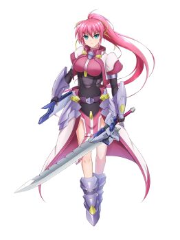 Rule 34 | 1girl, absurdres, arm guards, black gloves, breasts, closed mouth, commentary request, cropped jacket, elbow gloves, fingerless gloves, floating hair, full body, gloves, green eyes, hair between eyes, high ponytail, highres, holding, holding sheath, holding sword, holding weapon, laevatein (nanoha), long hair, looking at viewer, lyrical nanoha, mahou shoujo lyrical nanoha, medium breasts, oshimaru026, pink hair, ponytail, sheath, short sleeves, simple background, solo, sword, tachi-e, tassets, weapon, white background