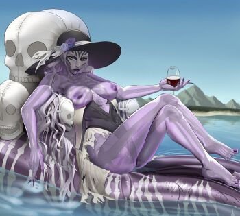 1girl absurdres alcohol beach black_lips black_one-piece_swimsuit blue_sky bone breasts breasts_out cleavage clothing_aside commission commissioner_upload covered_navel crossed_legs cup cupping_glass demdeet dress drinking_glass facial_mark fingernails fire_emblem fire_emblem_heroes flower hat hel_(fire_emblem) highleg highleg_one-piece_swimsuit highres holding holding_cup inflatable_chair lake long_fingernails looking_at_viewer mountain nail_polish nintendo nipples one-piece_swimsuit red_wine rose see-through_body sharp_fingernails sitting skeleton skull sky sun_hat swimsuit thighs toenails torn_clothes torn_dress translucent water wet wine wine_glass