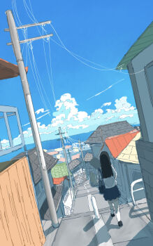 1girl bag black_hair black_shoes blue_skirt blue_sky building cloud dated_commentary day dutch_angle full_body highres hirose_(wzyt7535) horizon house long_hair ocean original outdoors path power_lines road scenery school_bag school_uniform shadow shirt shoes sketch skirt sky solo straight_hair summer summer_uniform thighhighs town utility_pole walking white_shirt white_thighhighs