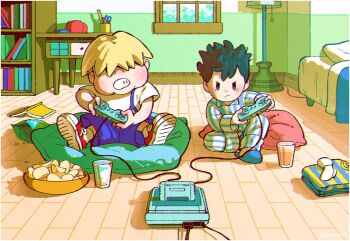 2boys bed bedroom blonde_hair blue_footwear blue_overalls book bookshelf chips_(food) clenched_teeth closed_mouth commentary controller cup folded_clothes food game_console game_controller hair_over_eyes hat highres indoors kwsby_124 lamp long_sleeves male_focus messy_hair mother_(series) mother_2 multiple_boys ness_(mother_2) nintendo on_floor overalls pajamas pillow playing_games porky_minch potato_chips red_footwear shirt shoes sitting slippers sneakers socks striped_clothes striped_pajamas super_famicom symbol-only_commentary teeth unworn_hat unworn_headwear white_shirt white_socks window