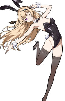 1girl absurdres alternate_costume animal_ear_hairband animal_ears arm_up bare_shoulders black_bow black_bowtie black_leotard black_shoes black_thighhighs blonde_hair bow bowtie breasts cleavage commentary detached_collar english_commentary fake_animal_ears fake_tail grin groin hair_ornament hairband high_heels highleg highleg_leotard highres holding holding_wand leotard long_hair looking_at_viewer medium_breasts one_eye_closed phoebe_(wuthering_waves) playboy_bunny purple_eyes rabbit_ear_hairband rabbit_ears rabbit_tail ryeon_(naturesan) shoes simple_background smile solo strapless strapless_leotard tail thighhighs thighs wand white_background wrist_cuffs wuthering_waves x_hair_ornament