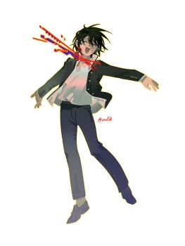 1boy black_hair bleeding blood closed_eyes full_body gakuran hashtag-only_commentary highres jacket male_focus open_clothes open_jacket outstretched_arms randal&#039;s_friends school_uniform short_hair simple_background slit_throat solo soulsk tsukada_satoru white_background