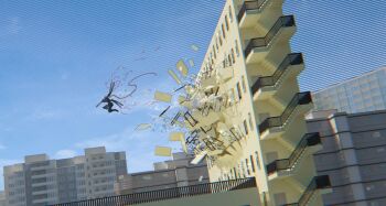 1boy absurdres apartment black_plume black_skin blood blue_sky broken_glass broken_wall broken_window building chainsaw chainsaw_devil chainsaw_man cityscape colored_skin day destruction dust dutch_angle extra_arms from_side glass highres horns intestines jumping male_focus monster_boy outdoors railing shards sky solo striped window