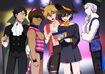 Rule 34 | + +, 1girl, 4boys, absurdres, animal ears, arm wrap, ascot, black cloak, black dress, black hair, black pants, blindfold mask, blonde hair, blue eyes, blue vest, brooch, brown eyes, brown hair, character request, check gender, cloak, commentary request, copyright request, dress, earrings, fang, gender request, grey hair, hair between eyes, halloween, hand on own chin, highres, holding, jewelry, long nipples, long sleeves, manager (inmu), manatsu no yo no inmu, mask, multiple boys, muscular, muscular male, mystical high collar, open mouth, pants, pirate costume, pointing, sarashi, shirt, short hair, smile, standing, stroking own chin, takuya (acceed), torn clothes, vampire costume, vest, wet, wet clothes, white shirt, witch, yamaimosatoimo