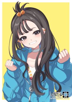 1girl absurdres black_hair blue_hoodie border brown_eyes choker clenched_hands commentary_request cube_hair_ornament earclip grin hair_ornament hands_up happy head_tilt highres hood hood_down hoodie kanarikaro lida_(pokemon) long_hair nintendo outside_border pokemon pokemon_legends:_z-a print_shirt shirt smile solo teeth topknot upper_body white_border white_choker white_shirt yellow_background zipper_pull_tab