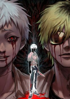 Rule 34 | 3boys, absurdres, bleeding, blonde hair, blood, blood on clothes, blood on ground, bloody knife, bloody tears, collared shirt, commentary request, crying, crying with eyes open, full body, highres, hikaru ga shinda natsu, holding, holding knife, indou hikaru, inverted colors, invisible floor, kitchen knife, knife, looking at viewer, male focus, multicolored hair, multiple boys, nosebleed, osirisaldington, pants, red pupils, roots (hair), scar, scar on neck, shirt, shirt tucked in, short eyebrows, short hair, short sleeves, standing, sunglasses, tanaka (hikaru ga shinda natsu), tears, tsujinaka yoshiki, white hair, white shirt