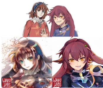 2girls ahoge black_shirt blue_eyes blue_hairband blue_shirt brown_hair collared_shirt derivative_work drawfag fur_collar fur_trim green_eyes grin hair_between_eyes hairband heterochromia looking_at_viewer messy_hair multiple_girls multiple_views orange_eyes painting_(medium) pale_skin rainbow red_hair red_shirt redrawn reference_photo reference_work shirt sidelocks simple_background sketch smile teeth traditional_media tsurime twintails waifulabs watercolor_(medium) white_background