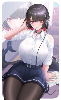 1girl absurdres adjusting_headphones aku_tsukino arm_up belt belt_buckle belt_collar black_hair black_pantyhose blue_belt blue_skirt blush border breasts buckle closed_mouth collar collarbone collared_shirt colored_inner_hair commentary_request ellen_joe ellen_joe_(on_campus) fingernails fins fish_tail hair_ornament hairclip headset highres large_breasts lollipop_in_mouth long_sleeves looking_at_viewer mole mole_under_eye multicolored_hair official_alternate_costume pantyhose paper pen red_eyes red_hair red_nails shark_tail shirt short_hair sitting skirt sleeves_rolled_up solo tail white_border white_shirt zenless_zone_zero