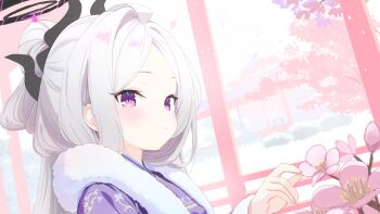 1girl ahoge black_halo blue_archive commentary day demon_girl demon_horns flower halo highres hina_(blue_archive) horns long_hair looking_at_viewer naiyoubuding purple_eyes solo tree white_hair