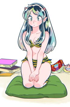 1girl animal_print bikini book breasts cleavage cone_horns hands_on_own_knees highres horns long_hair lum muda_rengou_to_ziggy_stardust navel on_floor own_hands_together pointy_ears print_bikini print_boots seiza sidelocks sitting solo swimsuit tiger_print urusei_yatsura