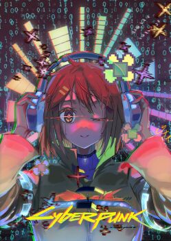 1girl ;) absurdres arms_up binary chinese_commentary coat commentary_request cyberpunk cyberpunk_(series) cyberpunk_2077 english_text glitch hair_ornament hairclip headphones high_collar highres hirasawa_yui holding holding_headphones hologram k-on! long_sleeves number_background one_eye_closed original parallel_hairclips pixelated short_hair smile solo sparkling_eyes tears upper_body user_adpn2522 yellow_coat