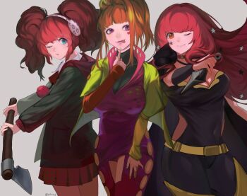 3girls :3 :o :p ;) ;o arm_up axe belt big_hair black_cape blue_eyes blunt_bangs bodysuit boots breasts cape choker cleavage clothing_cutout collared_shirt commentary cones_(c0_nes) covered_navel cropped_jacket crossover drawstring dress earmuffs earrings english_commentary facial_mark fire_emblem fire_emblem_engage gnosia gold_belt gold_boots gold_trim green_jacket green_nails grey_background hair_ornament heart heart_earrings heart_tattoo high_ponytail holding holding_axe holding_kunai holding_weapon hood hood_down hooded_jacket jacket jewelry kunai kyokugen_dasshutsu kyokugen_dasshutsu:_9_jikan_9_nin_9_no_tobira large_breasts long_hair long_sleeves looking_at_viewer multiple_girls nail_polish nintendo one_eye_closed open_clothes open_jacket pink_choker plaid_clothes plaid_skirt pom_pom_(clothes) pom_pom_drawstring ponytail purple_bodysuit purple_dress purple_eyes purple_lips red_eyes red_hair red_skirt shirt side_cutout sidelocks simple_background skirt smile solo sq_(gnosia) standing star_(symbol) star_facial_mark star_hair_ornament tattoo thigh_boots thigh_cutout tongue tongue_out trait_connection twintails weapon white_shirt yotsuba_(kyokugen_dasshutsu) yunaka_(fire_emblem)