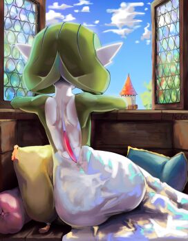 1girl absurdres artist_name ass back back_focus blue_sky cloud colored_skin cushion day facing_away female_focus from_behind gardevoir gen_3_pokemon green_hair green_skin highres indoors leaning_to_the_side looking_outside multicolored_skin nintendo noconcession open_window pokemon pokemon_(creature) short_hair shoulder_blades signature sitting sky solo tassel two-tone_skin white_skin window yokozuwari