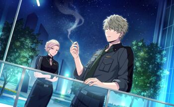 Rule 34 | 1boy, 1girl, belt, black skirt, black vest, cigarette, crossed arms, game cg, green eyes, green hair, hair over one eye, happy elements, helios rising heroes, highres, holding, holding cigarette, keith max, long sleeves, necktie, night, non-web source, official art, one eye covered, outdoors, pants, railing, shirt, short hair, skirt, sky, smoking, standing, star (sky), starry sky, tree, vest, white hair