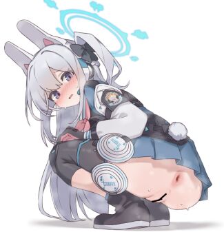 Rule 34 | 1girl, aku0, animal ear headphones, animal ears, ankle boots, ankle socks, anus, ass, ass focus, bar censor, black boots, black bow, black gloves, blue archive, blue halo, blue skirt, blue socks, blush, blush visible through hair, boots, bow, censored, clothes writing, colored shoe soles, commentary, double-parted bangs, embarrassed, english text, fake animal ears, from behind, from below, full body, gloves, grey hair, hair between eyes, hair bow, halo, hand on own knee, headphones, heavy breathing, highres, long hair, long sleeves, looking at viewer, looking back, miniskirt, miyako (blue archive), multicolored gloves, neckerchief, no panties, nose blush, open mouth, perineum, petite, pink gloves, pink neckerchief, pleated skirt, puckered anus, puffy long sleeves, puffy sleeves, purple eyes, pussy, rabbit ear headphones, rabbit ears, rabbit tail, shadow, sidelocks, simple background, skirt, smell, socks, solo, squatting, sweat, tail, tareme, tongue, two-tone gloves, two side up, very long hair, white background, white tail