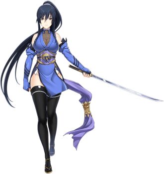 Rule 34 | 1girl, bare shoulders, black hair, black thighhighs, breasts, brown eyes, choukou (alicesoft), choukou sennin haruka, detached sleeves, elbow gloves, fingerless gloves, fishnets, full body, gloves, high ponytail, holding, holding sword, holding weapon, japanese clothes, katana, large breasts, long hair, looking at viewer, magical girl, ninja, official art, onigirikun, otogi frontier, pelvic curtain, ponytail, sandals, second-party source, solo, subaru (choukou sennin haruka), sword, tabi, tachi-e, thighhighs, transparent background, very long hair, weapon