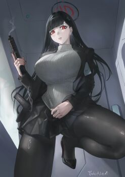 1girl absurdres artist_name black_hair black_pantyhose black_skirt blue_archive breasts grey_sweater gun halo handgun high_heels highres holding holding_gun holding_weapon large_breasts long_hair magazine_(weapon) office_lady pantyhose red_eyes red_halo rio_(blue_archive) skirt smoke smoking_barrel solo sweater turtleneck turtleneck_sweater weapon yukiale