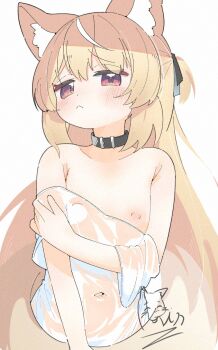 1girl :< animal_ear_fluff animal_ears black_collar blonde_hair character_request closed_mouth collar copyright_request flat_chest fox_ears fox_girl fox_tail grey_background highres inaririn long_hair looking_at_viewer navel nipples purple_eyes see-through_clothes see-through_shirt shirt simple_background solo tail white_background white_shirt