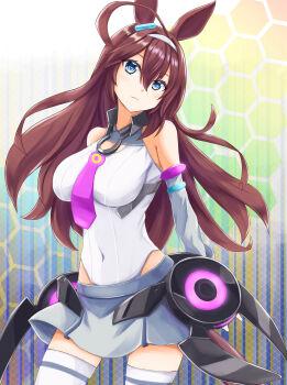 Rule 34 | 1girl, ahoge, animal ears, bare shoulders, blue eyes, blush, breasts, brown hair, closed mouth, commentary request, covered navel, detached sleeves, frown, grey hairband, grey leotard, grey skirt, grey sleeves, hair between eyes, hairband, highleg, highleg leotard, highres, horse ears, horse girl, horse tail, kemuri (etep3372), large breasts, leotard, long hair, looking at viewer, lowleg, lowleg skirt, mihono bourbon (mb-19890425) (umamusume), mihono bourbon (umamusume), necktie, pink necktie, silver hairband, skirt, solo, tail, thighhighs, umamusume, white leotard, white thighhighs