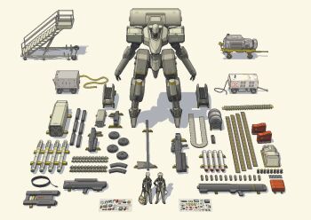 1boy 1girl ammunition ammunition_belt axe bag blonde_hair dithering equipment_layout generator mecha military missiles mixed-language_commentary multishot_rocket_launcher original pc-98_(style) pilot_suit pixel_art rifle_cartridge robot rocket_launcher stairs w_a_v_e weapon white_background