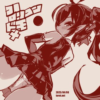 1girl ahoge ass backbeako_(torotei) backbeard bare_shoulders blush chestnut_mouth commentary dated dated_commentary dress dutch_angle elbow_gloves from_behind gegege_no_kitarou gloves hair_over_one_eye hair_ribbon kono_lolicon_domome loli long_hair looking_at_viewer looking_back monochrome open_mouth original paid_reward_available panties pantyshot pointy_ears red_theme ribbon simple_background sleeveless sleeveless_dress solo sweatdrop torotei translated twintails underwear watermark web_address white_background