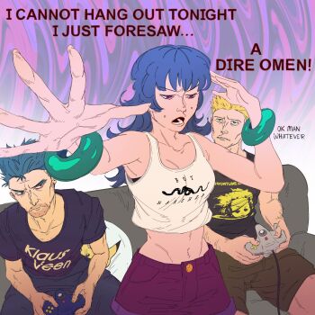 Rule 34 | 1girl, 2boys, bags under eyes, black hair, black shirt, blonde hair, blue eyes, bracelet, concentrating, controller, couch, crop top, cushion, english text, facial hair, foreshortening, frown, game controller, gen 1 pokemon, half-closed eyes, hands up, highres, holding, holding controller, holding game controller, idiotsyncratic0, jewelry, koga (pokemon), long hair, looking at another, midriff, multiple boys, navel, nintendo, nintendo 64 controller, open mouth, outstretched hand, parted lips, pikachu, pokemon, pokemon frlg, pokemon hgss, print shirt, red eyes, sabrina (pokemon), shirt, short hair, short sleeves, shorts, sitting, spiked hair, standing, stubble, surge (pokemon), sweatdrop, t-shirt, tank top, thinking, v-shaped eyebrows, white tank top