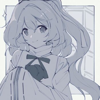 1girl blush closed_mouth hair_between_eyes highres long_hair long_sleeves looking_at_viewer monochrome mononobe_no_futo nazawa_(nother) own_hands_together pom_pom_(clothes) ponytail shirt smile solo touhou upper_body white_shirt