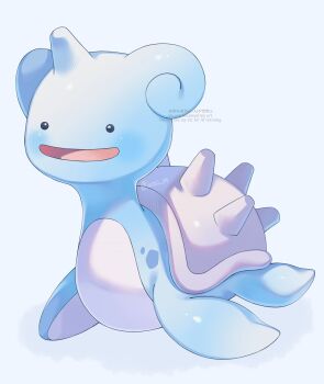 blush commentary ditto full_body gen_1_pokemon highres iwasi_29 lapras nintendo no_humans open_mouth pokemon pokemon_(creature) pokemon_focus simple_background smile transformed_ditto twitter_username watermark white_background