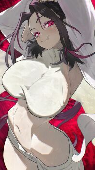 1girl arms_up breasts commission fang hata4564 highres hip_bones large_breasts looking_at_viewer navel original pink_eyes purple_hair sideboob skeb_commission smile solo sweat vampire