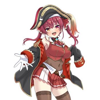 Rule 34 | 1girl, a5hio, absurdres, black hat, black leotard, black thighhighs, breasts, cleavage, commentary request, covered navel, cropped jacket, gloves, hair ribbon, hat, heterochromia, highres, hololive, houshou marine, houshou marine (1st costume), jacket, large breasts, leotard, leotard under clothes, looking at viewer, navel, outstretched arm, pirate hat, red eyes, red jacket, red ribbon, red skirt, ribbon, skirt, sleeveless, sleeveless jacket, smile, solo, thighhighs, twintails, virtual youtuber, white gloves, yellow eyes
