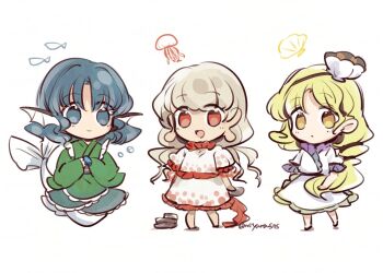 Rule 34 | barefoot, black hairband, blonde hair, blue eyes, blue hair, clam shell ornament, dress, ebisu eika, fins, frilled kimono, frilled shirt, frilled sleeves, frills, full body, green kimono, hair ornament, hairband, head fins, holding, holding rock, japanese clothes, jellyfish, kimono, kneeless mermaid, long earlobes, long hair, long sleeves, mermaid, monster girl, multiple girls, obi, open mouth, puffy short sleeves, puffy sleeves, rock, sash, shell, shell hair ornament, shirt, short hair, short sleeves, skirt, skirt set, smile, stack, tama (hiroshige 36), touhou, very long hair, wakasagihime, watari nina, white dress, white shirt, wide sleeves