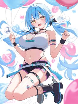 1girl :d ahoge arm_strap balloon bandaid bandaid_on_leg black_boots black_bow black_choker black_shorts blue_hair boots bow breasts choker commentary_request crop_top crossed_bandaids daifuku_(yukihana_lamy) double-parted_bangs elf fishnet_sleeves fishnets full_body hair_between_eyes hair_bow heart heart_ahoge highleg highleg_panties highres holding holding_balloon hololive large_breasts long_hair looking_at_viewer low_twintails midriff multicolored_hair navel official_alternate_costume official_alternate_hairstyle open_mouth panties panty_straps platform_boots pointy_ears short_shorts shorts smile solo streaked_hair sweatband teeth thigh_strap twintails underwear upper_teeth_only very_long_hair virtual_youtuber white_background yellow_eyes you06 yukihana_lamy yukihana_lamy_(cyber) yukimin_(yukihana_lamy)