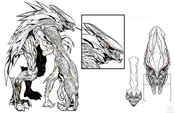 concept_art cross_promotion drew_johnson godzilla:_aftershock godzilla_(series) greyscale kaiju legendary_pictures monochrome monster monsterverse muto_(godzilla) muto_prime official_art red_eyes spot_color tie-in