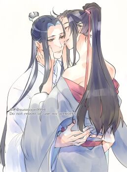 2boys ahoge bare_shoulders bishounen black_hair black_hanfu blush chinese_clothes closed_eyes closed_mouth couple hair_ribbon hands_on_another's_cheeks hands_on_another's_face hanfu high_ponytail hug kiss kissing_cheek lan_wangji long_hair long_sleeves looking_at_another male_focus modao_zushi multiple_boys off_shoulder parted_lips ponytail red_ribbon red_sash ribbon robe sash sidelocks simple_background smile sunmoon9994 topknot twitter_username watermark wei_wuxian white_background white_hanfu wide_sleeves xiao_guan_(headdress) yaoi yellow_eyes
