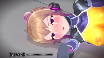 1girl 3d agent_mirai blender_(medium) blush bodysuit breasts brown_hair covered_erect_nipples crying crying_with_eyes_open empty_eyes headphones highres impossible_bodysuit impossible_clothes lying medium_breasts mirai_(agent_mirai) nipples open_mouth personality_excrement ponytail purple_eyes rolling_eyes short_hair skin_tight snot solo tears umaaji_lady_mk2