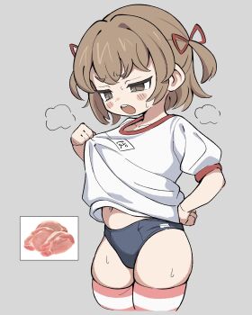 1girl blue_buruma brown_eyes brown_hair buruma food grey_background gym_shirt gym_uniform highres ketsu_juuji_killer_(kejuki) marui_mitsuba meat medium_hair mitsudomoe_(manga) navel shirt simple_background thick_thighs thighhighs thighs twintails