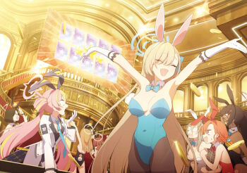 Rule 34 | 6+girls, \o/, ahoge, akane (blue archive), akane (bunny) (blue archive), animal ears, armpits, arms up, asuna (blue archive), asuna (bunny) (blue archive), balcony, bare shoulders, black hair, black halo, blank eyes, blonde hair, blue archive, blue bow, blue bowtie, blue halo, blue leotard, blue necktie, bow, bowtie, breasts, broken eyewear, brown hair, brown pantyhose, card, casino, ceiling light, cleavage, closed eyes, coin, crowd, detached collar, doremi (doremi4704), fake animal ears, from below, game asset, glasses, gold coin, halo, highres, hwansang, indoors, karin (blue archive), karin (bunny) (blue archive), koyuki (blue archive), koyuki (bunny) (blue archive), large breasts, leotard, long hair, millennium science school logo, multiple girls, necktie, neru (blue archive), neru (bunny) (blue archive), non-web source, official art, open mouth, orange hair, outstretched arms, pantyhose, pink hair, pink halo, playboy bunny, rabbit ears, railing, red eyes, self-datamine, short hair, smile, standing, strapless, strapless leotard, tailcoat, tailcoat playboy bunny, very long hair, wide shot, wrist cuffs, yellow eyes