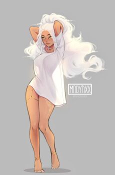 1girl anklet arms_behind_head artist_name backlighting big_hair bindi breasts brown_lips choker cloudbae_(madyaxx) commentary curvy english_commentary full_body gold_anklet gold_choker gold_thighlet grey_background hands_in_own_hair high_ponytail highres jewelry leg_tattoo legs_together long_hair looking_at_viewer madyaxx medium_breasts mismatched_eyebrows naked_shirt narrow_waist no_bra no_horns no_panties original ponytail see-through_clothes see-through_shirt shirt solo standing tattoo thick_lips thighlet toenails toes twitter_username very_long_hair white_hair white_nails yellow_eyes