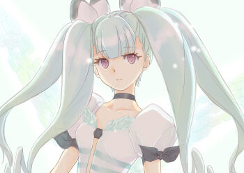 1girl absurdres aqua_dress aqua_hair artist_request blue_background choker commentary_request dodonpachi dodonpachi_saidaioujou donpachi_(series) dress drill_hair hair_ribbon hibachi_(donpachi) highres hina_(saidaioujou) honeycomb_(pattern) koi_kiku long_hair looking_at_viewer pink_eyes ribbon short_sleeves smile solo twintails wings