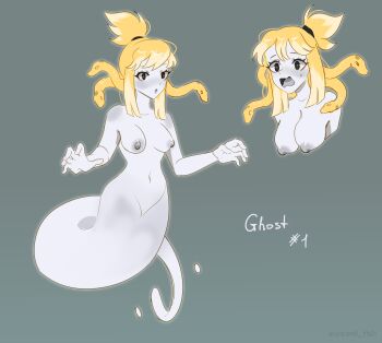 absurdres black_eyes blonde_hair breasts colored_skin commentary english_commentary ghost_girl ghost_tail green_background high_ponytail highres inktober medium_breasts navel nipples nude orange_pupils original ponytail snake_hair twitter_username unreal_fish white_skin
