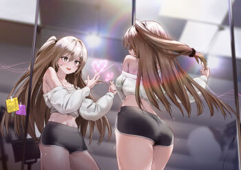 absurdres armpit_crease ass bare_shoulders black_shorts brown_hair ceiling_light commentary dolphin_shorts english_commentary finger_heart girls&#039;_frontline girls&#039;_frontline_2:_exilium grey_eyes hands_up heart highres k2_(girls&#039;_frontline) long_hair long_sleeves looking_at_mirror midriff mirror navel note off-shoulder_shirt off_shoulder one_side_up open_mouth pink_nails reflection shirt shorts smile sosiick sticky yellow_pupils yoohee_(girls&#039;_frontline_2)