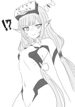 1girl @_@ absurdres battlesuit blue_archive blush bodysuit breasts commentary commentary_request covered_navel earclip embarrassed flustered hair_tubes halo head-mounted_display highres himari_(armed)_(blue_archive) himari_(blue_archive) impossible_bodysuit impossible_clothes long_hair looking_at_viewer mitsumoto_amata mole mole_under_eye monochrome multicolored_bodysuit multicolored_halo official_alternate_costume petite pointy_ears poking ribs sidelocks simple_background skinny small_breasts smile solo two-tone_bodysuit two-tone_halo very_long_hair white_background white_bodysuit white_hair