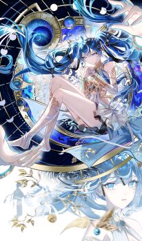 1boy 1girl absurdres ahoge armlet bare_shoulders barefoot black_jacket black_skirt blue_eyes blue_hair breasts bridal_gauntlets cleavage closed_mouth commentary gold_bra hair_belt highres iuno_(wuthering_waves) jacket jewelry leg_wrap long_hair male_rover_(wuthering_waves) medium_breasts miniskirt moon multicolored_hair multiple_views own_hands_together ripples rover_(wuthering_waves) single_bridal_gauntlet skirt smile soare_lucien solo_focus streaked_hair thighlet thighs twintails very_long_hair white_bridal_gauntlets wuthering_waves