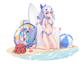 1girl bare_shoulders bikini blush breasts fate/grand_order fate_(series) forked_eyebrows hoodier long_hair looking_at_viewer melusine_(fate) navel ponytail sidelocks small_breasts smile solo swimsuit white_bikini white_hair yellow_eyes