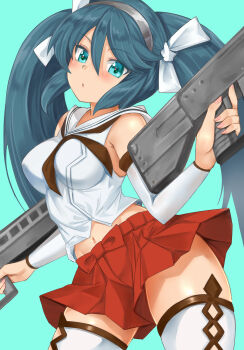 1girl ankomochi142 blue_background blue_eyes brown_neckerchief cowboy_shot culottes detached_sleeves green_hair grey_hairband hair_ribbon hairband highres isuzu_(kancolle) isuzu_kai_ni_(kancolle) kantai_collection long_hair looking_at_viewer makumaxu midriff navel neckerchief no_dickey pleated_skirt red_skirt ribbon school_uniform serafuku simple_background skirt solo thighhighs twintails white_ribbon white_thighhighs