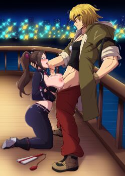 absurdres beard_stubble blonde_hair blush breasts breasts_out breasts_squeezed_together brown_hair capcom capcom_vs._snk_2 chain chain_around_neck city_lights clothed_sex clothes_pull drooling erection facial_hair fatal_fury fatal_fury:_city_of_the_wolves gloves hand_fan hand_on_another's_head highres ken_masters kmkz-art kneeling licking long_coat night non-web_source outdoors paizuri pants pants_pull penis ponytail saliva sex shiranui_mai snk standing standing_sex street_fighter street_fighter_6 stubble the_king_of_fighters tongue tongue_out water