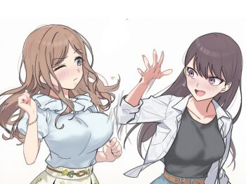 2girls bang_dream! bang_dream!_it&#039;s_mygo!!!!! black_shirt blue_eyes blush brown_hair frilled_shirt frills highres jacket long_hair motion_lines multiple_girls nagasaki_soyo one_eye_closed purple_eyes shiina_taki shirt slapping_breasts white_jacket white_shirt wtsino yuri
